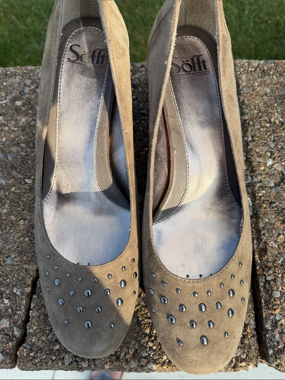 Sofft Taupe Suede Wedge Pumps with Stud Accents